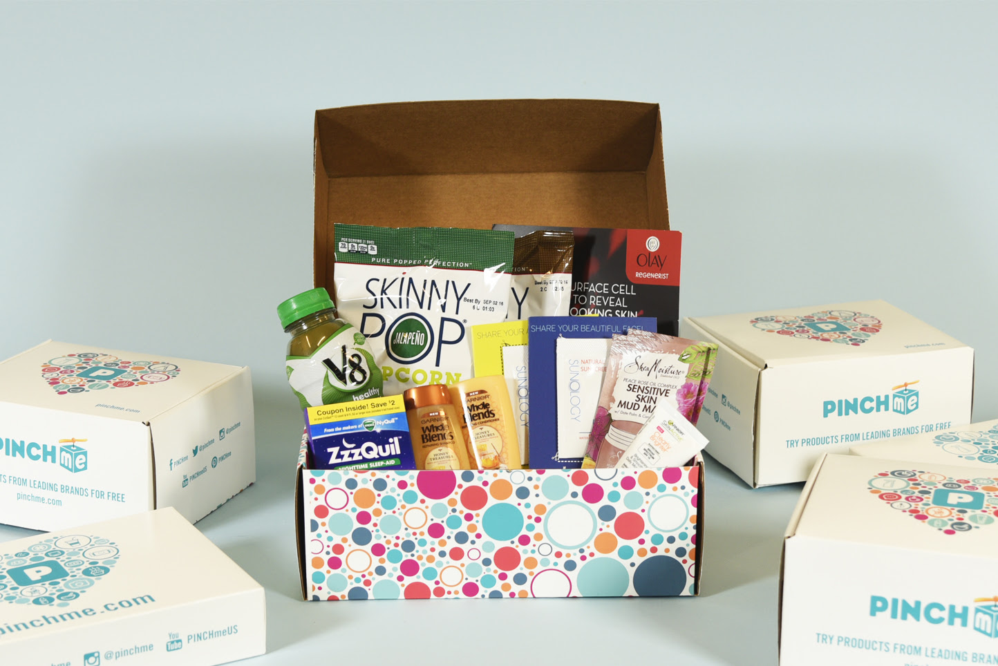 PINCHme box filled with assorted product samples